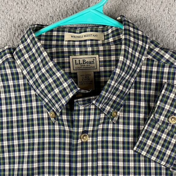 L.L. Bean Wrinkle Resistant Button Down Shirt Men's Large Green Plaid - Picture 2 of 7